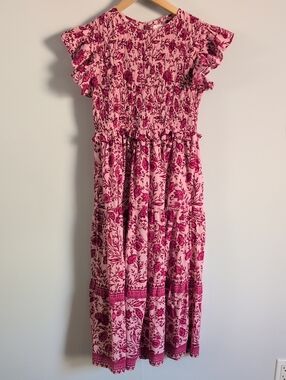 Pink Floral Midi Dress with Ruffle Sleeves